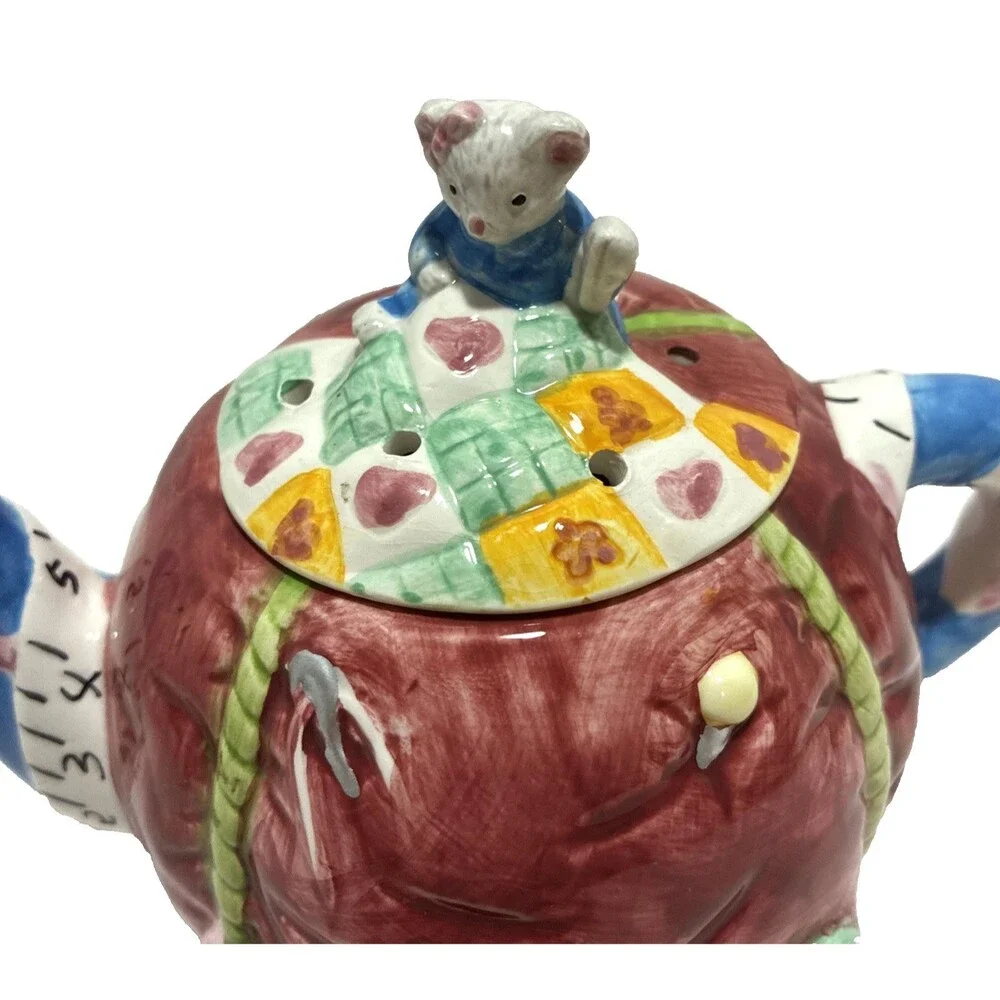 Vintage LEFTON China Tea Pot Ceramic Mouse Sewing Basket Theme - Hand Painted